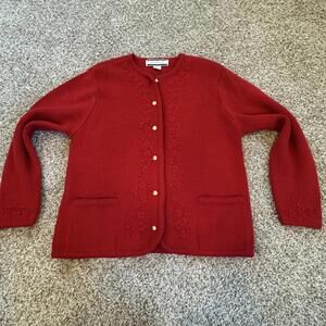 Krystal Kobe Red Knit Cardigan Small with Floral Embroidery